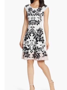 Eliza J White and Black Floral Midi Fit-and-Flare Dress